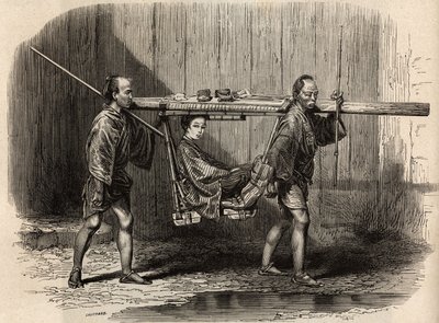 Palanquin har användningen av människorna, öppen, användaren lägger sina tillhörigheter på taket innan han slår sig in för att göra sin resa. Gravyr för att illustrera resan till Japan 1863-1864 av Aime Humbert, minister för Schweiziska edsförbundet, i "Le av Unknown artist