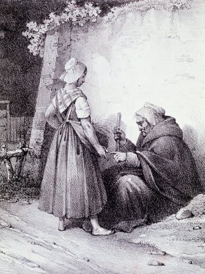 Palmistry: en gammal spåkvinna läser en ung flickas hand (gravyr) av Unknown artist