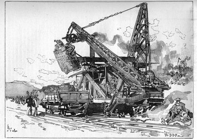 Panamakanalen fungerar. Huvudmaskiner: Osgood grävmaskin. Gravyr i "" Le Monde Illustré"" av Unknown artist