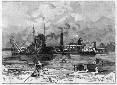 Panamakanalen fungerar. Huvudmaskiner: ett mudderverk och dess ventil. Gravyr i "" Le Monde Illustré"" av Unknown artist