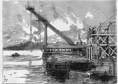 Panamakanalen fungerar. Huvudmaskiner: Bigue-pontonen. Gravyr i "" Le Monde Illustré"" av Unknown artist