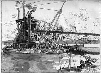 Panamakanalen fungerar. Huvudmaskiner: det stora amerikanska mudderverket. Gravyr i "" Le Monde Illustré"" av Unknown artist