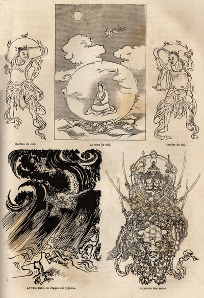 Pantheon av japanska gudar, traditionell representation av några typiska figurer: himlens drottning flankerad av två vakter; Maki Tats, tyfonens drake och vapenbossen. Gravyr för att illustrera resan till Japan 1863-1864, av Aime Humbert, m. av Unknown artist