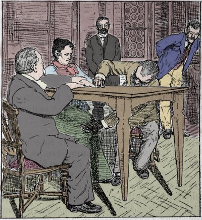 Paranormala fenomen: erfarenhet av att höja ett bord i Milano 1892 i närvaro av mediet Eusapia Paladino och Cesare Lombroso (1835-1909) och Charles Richet (1835-1909). av Unknown artist