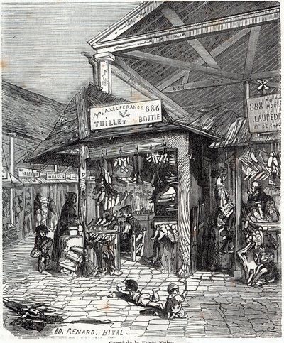 Paris 3:e arrondissement - Carre de la Foret-Noire: försäljning av läder och skor i Le Carreau du Temple på 1800-talet - Gravyr i "" Tableau-de-Paris"" av Edmond Texier av Unknown artist