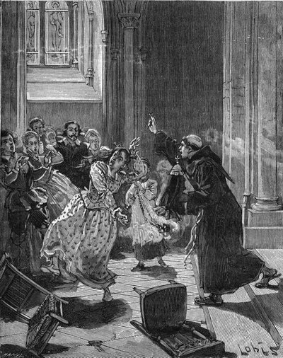 Paris, Church Sainte Genevieve (Sainte-Genevieve) (1599): en kapucinermunk som försöker exorciera en kvinna, Martha, som påstår sig vara besatt av djävulen. Gravyr av 1800-talet. I "Histoire de France" av Jules Michelet av Unknown artist