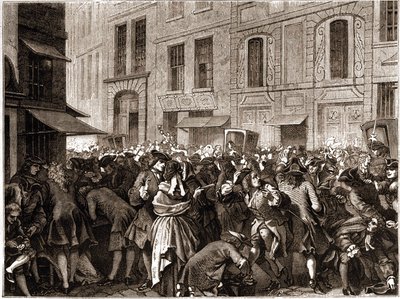 Paris IV arrondissement - Rue Quincampoix 1720 under John Laws system (1671 - 1729) - "" Uppståndelsen på rue Quincampoix"" (konkurs orsakad av Law) - Utsikt över rue Quincampoix med spekulanterna vid tiden för John Laws system, av Unknown artist