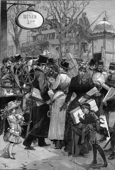 Paris: Paketvecka: Parisbor shoppar och köper leksaker till julklappar. Gravyr i "" Le Monde Illustré"" av Unknown artist