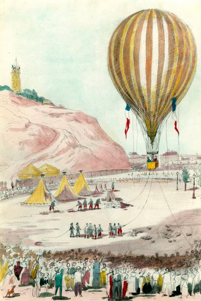 Paris högkvarter från 1870: vy av en av ballongerna som används för kommunikation med utsidan i Paris. Akvarell av 1800-talets privata samling av Unknown artist