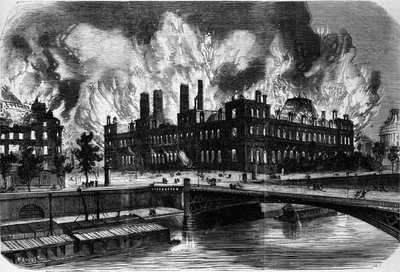 Paris, kommunen. Brand på Hotel de Ville den 24 maj 1871. Gravyr från 1800-talet. av Unknown artist