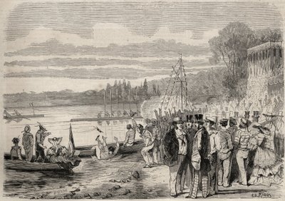 Parisiska kanotister. Regates de Saint-Cloud (Saint Cloud) 1857. Gravyr i "Le Monde illustrious"" från 1857. Privat samling. av Unknown artist