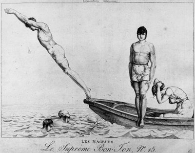 Parisisk tecknad serie: simmare, män som dyker från en båt - den suveräna Bon-Ton, nr 15, Musee Carnavalet av Unknown artist