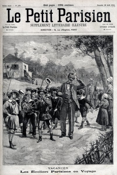 Parisiska skollov på en resa till landsbygden. Gravyr i "" Le Parisien"" av Unknown artist