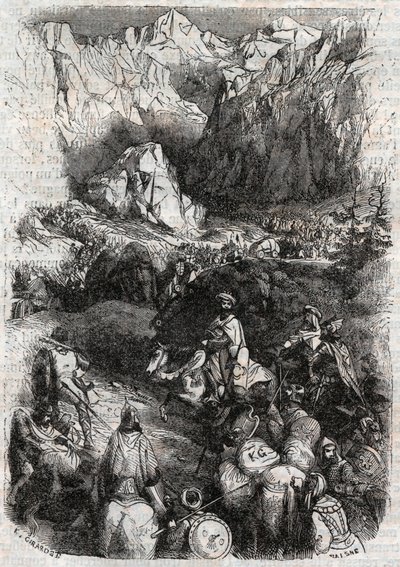 Passage of the Pyrenees by the Mors - gravyr från 1851 från "" Furious Roland"" (Orlando furioso) (1500-talet) av Ludovico Ariosto, känd som Ariosta - Upplaga översatt från italienska av greven av Tressan och publicerad av Gustave Harvard 1851 av Unknown artist