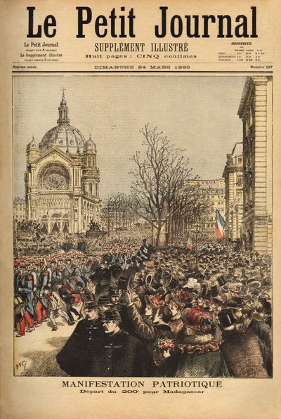Patriotisk demonstration i Paris, för starten av det 200:e regementet för Madagaskar. Gravyr i "" Le petit journal"" 1895-03-24. Selvas samling. av Unknown artist