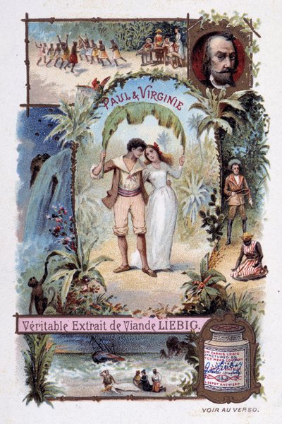 Paul och Virginia. Roman av Henri Bernardin de Saint Pierre (Saint-Pierre eller St-Pierre), fransk författare (1737-1814). Illustration av V. Massé - Liébig reklamvinjett av Unknown artist