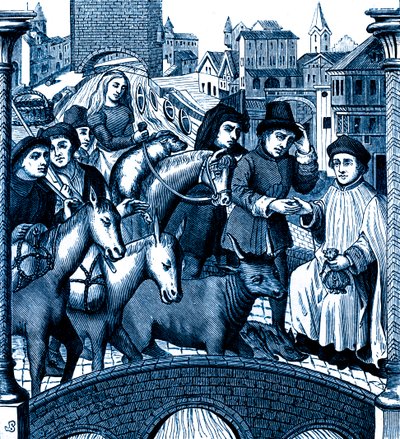 Betala vägtull när du passerar en bro, i Tournai (gravyr) av Unknown artist