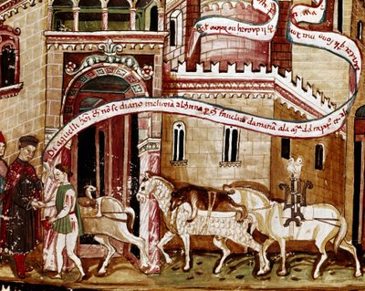 Betalning av saltskatt vid infarten till staden (gabelle) Miniatyr från manuskriptet (Ms. H V-5) "Codex de Privileges"" av Unknown artist