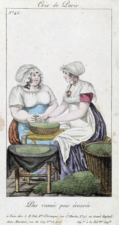 Ärthandlare: två kvinnor som fäller ärter. "" Row peas, Scottish peas" - i "" Cris de Paris"", deb. 1800-talet av Unknown artist