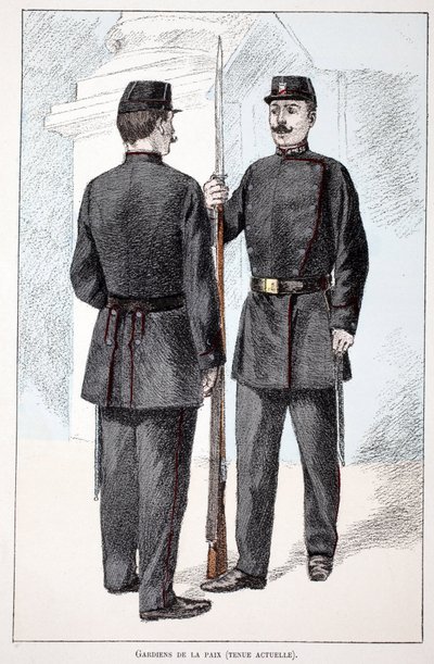 Fredsbevarare (Lepineperioden). Etsning i färger, för illustration "" History of the Corps of Peacekeepers""" bok publicerad under beskydd av Louis Lepine (1846-1933), prefekt för polisen på Seine, av Alfred Rey (1864-?) och Louis Feron (1862) - av Unknown artist