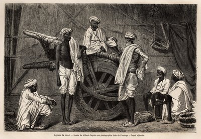 Bönder från Scind (Punjab-regionen, Indien), bredvid sina jordbruksmaskiner. Gravyr för att illustrera resan till Pandjab och Kashmir, berättelse av Guillaume Lejean, 1866, publicerad i "Le tour du monde, nouveau journal des voyages", under direktivet av Unknown artist