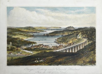 Penryn, Flushing och Falmouth Harbors (från Old Helton Road), c.1860-80 (färgad litho på papper) av Unknown artist