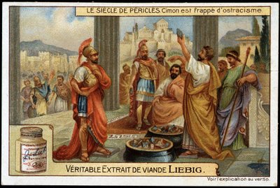 Perikles-talet (495-429 f.Kr.): statsman och strategi Cimon (510-449 f.Kr.) drabbas av utfrysning, 461 f.Kr. - Liebig-kromolitografi av Unknown artist