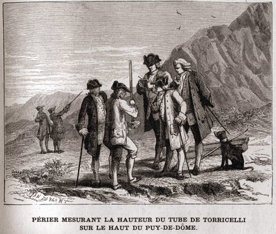 Perrier som mäter höjden på barometern (kvicksilverrör) av Evangelista Torricelli eller Torricelli på toppen av Puy-de-Dôme den 20 september 1618, gravyr från 1800-talet, Bianchetti-samlingen. av Unknown artist