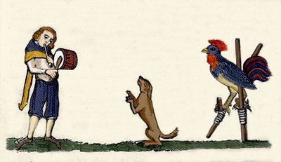Tränade husdjur: en hund och en tupp dansar på stillbilder till trummans rytm. Gravyr från ett manuskript från 1344 från Bodleian-biblioteket i Oxford. av Unknown artist