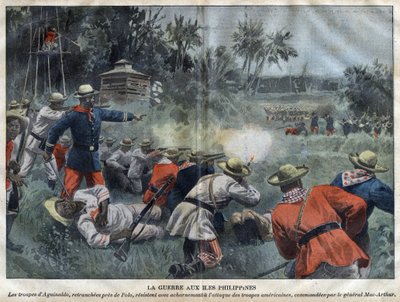 Filippinska amerikanska kriget - Amerikansk-filippinska kriget (Philippine Americano) - Emilio Aguinaldos trupper, avskurna nära Polo, motsätter sig häftigt attacken av amerikanska trupper under kommando av general Mac-Arthur - gravyr i "Le-Pelerin" 1899 av Unknown artist