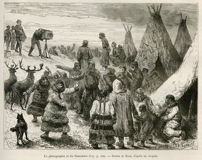 Fotografi och Samoiedes i Caborova-regionen (Sverige), teckning av Riou, för att illustrera historien om professor Nils Adolf Erik (Eric) Baron Nordenskjold (Nordenskiold) (1832-1901): Svenska Polarexpeditionen av Unknown artist