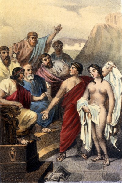 Phryne (grekisk kurtisan) inför domarna i Aten. av Unknown artist