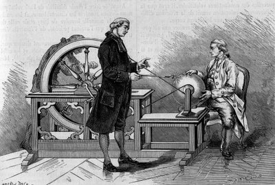 Fysikupplevelse på 1700-talet: glöd som produceras av en elektrisk maskin. (Från Abbe Nollet). Gravyr i "" La Nature: revue des sciences et de leurs applications aux arts et a l