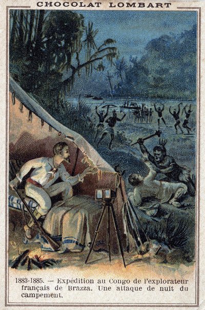 Pierre Savorgnan de Brazza (1852-1905), fransk upptäcktsresande, vid Kongos strand. En nattattack mot lägret. av Unknown artist