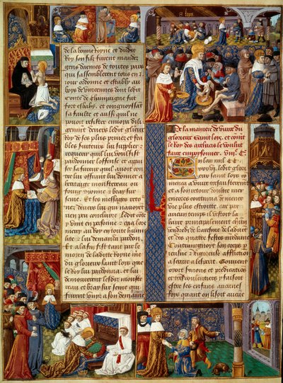 Pietescen: "" Kung Ludvig IX (1214-1270) (Saint Louis) tvättar de fattigas fötter, kungen ber och scener av kristen välgörenhet från kungen"" Miniatyr från ett manuskript "" The Book of Facts of Monsignor Saint Louis”” 1400-talet. Paris, B.N av Unknown artist