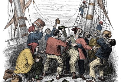 Pirater som firar fångsten av ett rikt byte efter attacken av ett fientligt skepp. Gravyr av 1800-talet av Unknown artist