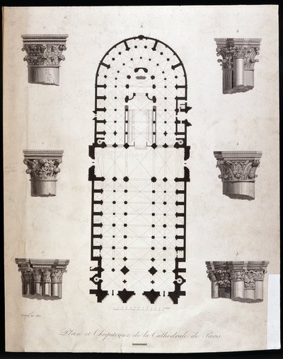 Plan och huvudstäder för katedralen Notre Dame (Notre-Dame) i Paris. 1800-talet. av Unknown artist