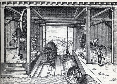 Planera lutning för båtar på 1500-talet på lagunerna vid Brenta (floden) i norra Italien. Gravyr i "" La Nature"" av Unknown artist