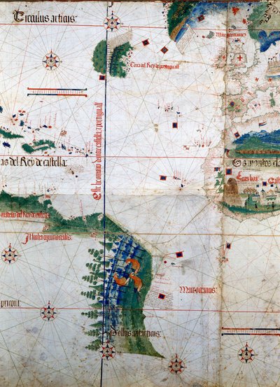 Planisphere of Cantino: Karta över Alberto Cantino från 1502 som representerar gränslinjen som infördes genom Tordesillasfördraget (1494) mellan portugisiska och spanska Amerika. Biblioteca Estense. Modena av Unknown artist