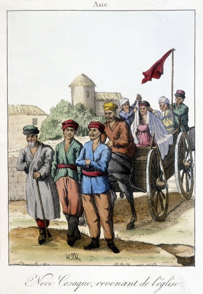 Plåt från 1811 som illustrerar en grupp kosacker som återvänder från kyrkan efter ett bröllop. av Unknown artist