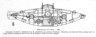 Skylt som föreställer ubåten (ubåten) Drzewiecki 2 designad av uppfinnaren och ingenjören Stefan K. Drzewiecki (1844-1938) av Unknown artist