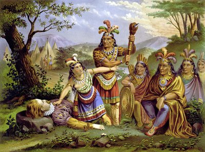 Pocahontas räddade kapten John Smith. Kromolitografi omkring 1870. av Unknown artist