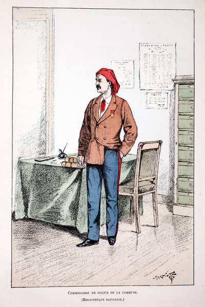 Poliskommissarie i kommunen. Etsning i färger, för illustration "" History of the Corps of Peacekeepers""" bok publicerad under beskydd av Louis Lepine (1846-1933), prefekt för polisen på Seine, av Alfred Rey (1864-?) och Louis Feron av Unknown artist