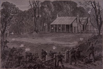 Polisen öppnar eld mot Kelly Gang i Glenrowan Hotel, 28 juni 1880 (gravyr) av Unknown artist