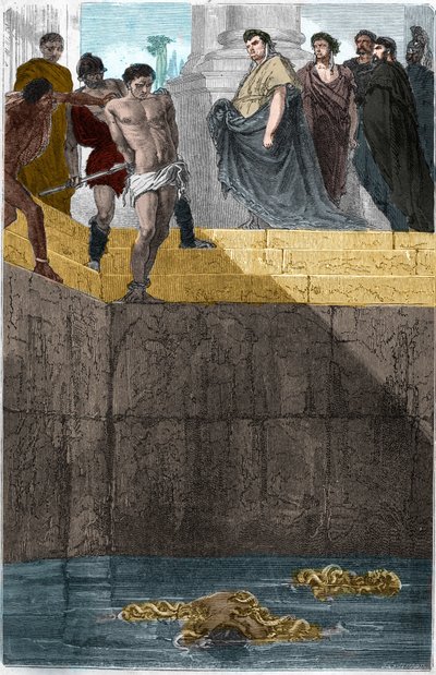 Pollion Vedius, romersk gastronom, känd för sin grymhet mot sina slavar. För att fånga dem skulle han kasta dem levande till sina muren. En dag åt Augustus (Caius Octavius Thurinus) hemma hos honom, så han gjorde en slavfällning, skyldig till att ha brutit av Unknown artist