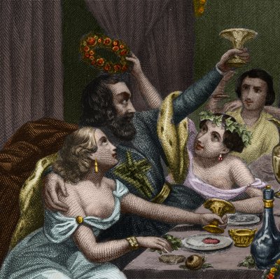Påven Alexander VI (1431-1503) (Alessandro, Rodrigo Borgia) Rodrigue Borgia firar sin dotter Lucrece Borgias (Lucrezia) bröllop med 50 kurtisaner i Vatikanen. Gravyr från 1842 i ”Histoire des popes: brott, mord, förgiftningar, parrici av Unknown artist
