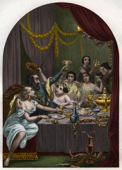 Påven Alexander VI (1431-1503) (Alessandro, Rodrigo Borgia) Rodrigue Borgia firar sin dotter Lucrece Borgias (Lucrezia) bröllop med 50 kurtisaner i Vatikanen. Gravyr från 1842 i ”Histoire des popes: brott, mord, förgiftningar, parrici av Unknown artist