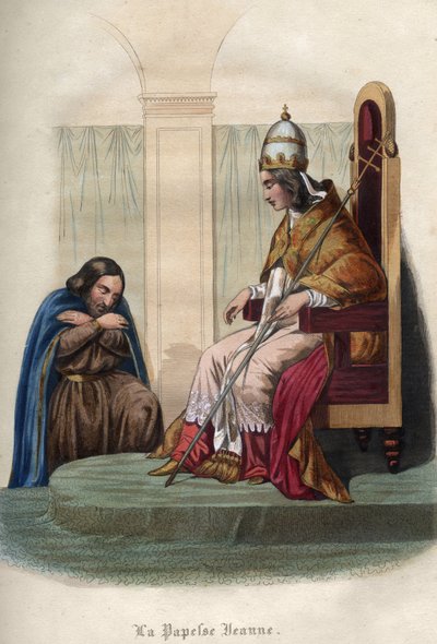 Påven Jeanne, som regerade mellan 855 och 858, iklädd påvliga dräkter. Papess Jeanne (pontifikat från 855 till 858) i påvliga kläder. Gravyr från 1842 i "Histoire des popes"" av Maurice Lachatre. Privat samling. av Unknown artist