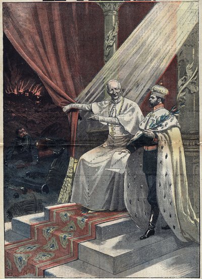 Påven Leon XIII (1810-1903) visar den ryske tsaren Nicholas II (1868-1918) krigets fasor. Den senare föreslår sedan avväpning. Illustration i "" Le Pelerin"" den 11 september av Unknown artist