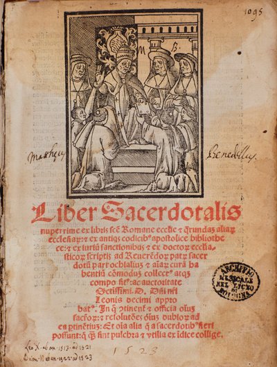 Påven Leon X tar emot boken Frontispice of the liturgy book "Liber Sacerdotalis"" av Castellini av Unknown artist